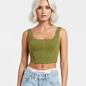 NWT HOUSE OF HARLOW Knit Darted Corset Olive Green Crop Top SIZE XS